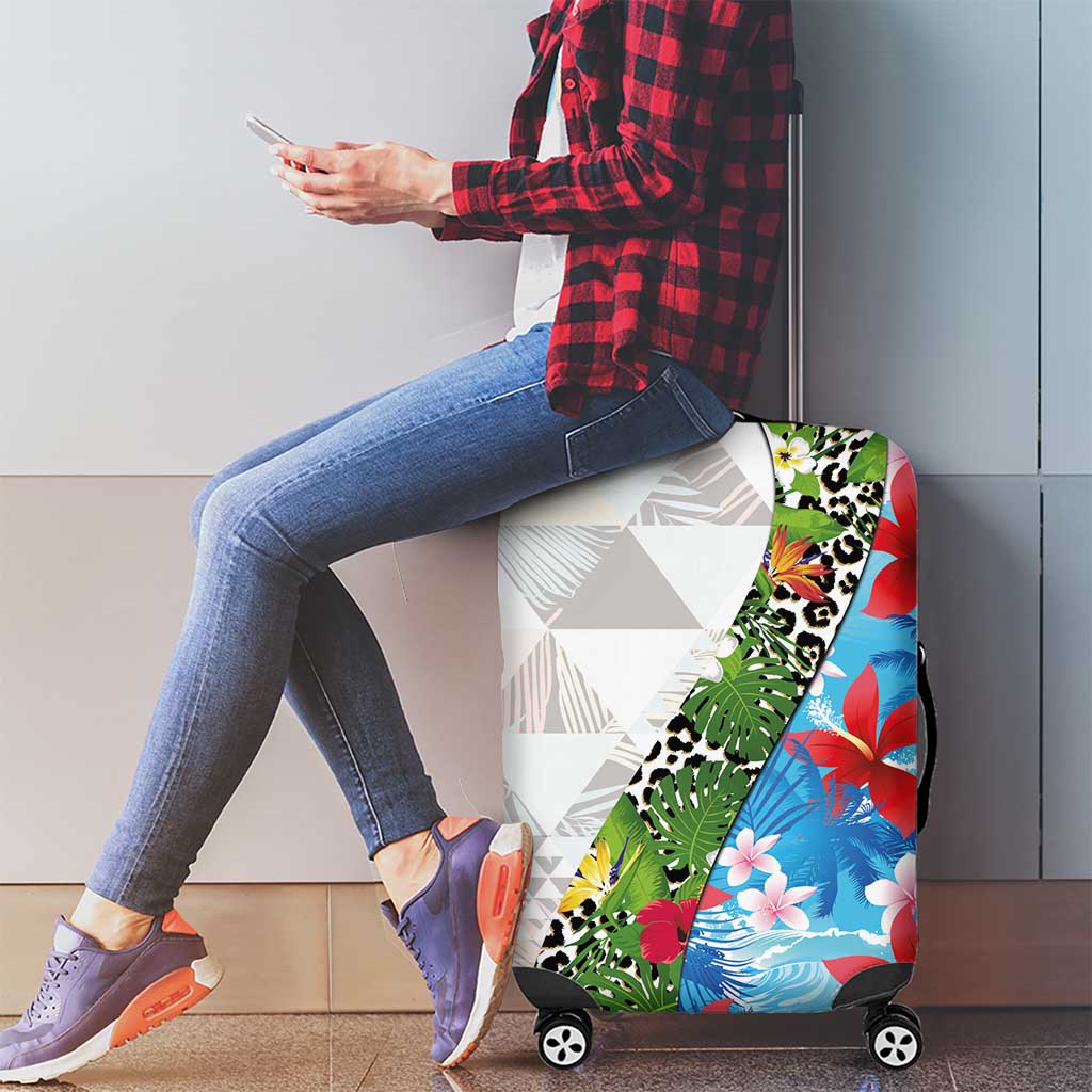 Hawaiian Tropical Flowers and Leaves Luggage Cover on Leopard Pattern Half Style White-Blue Version LT03 - Polynesian Pride