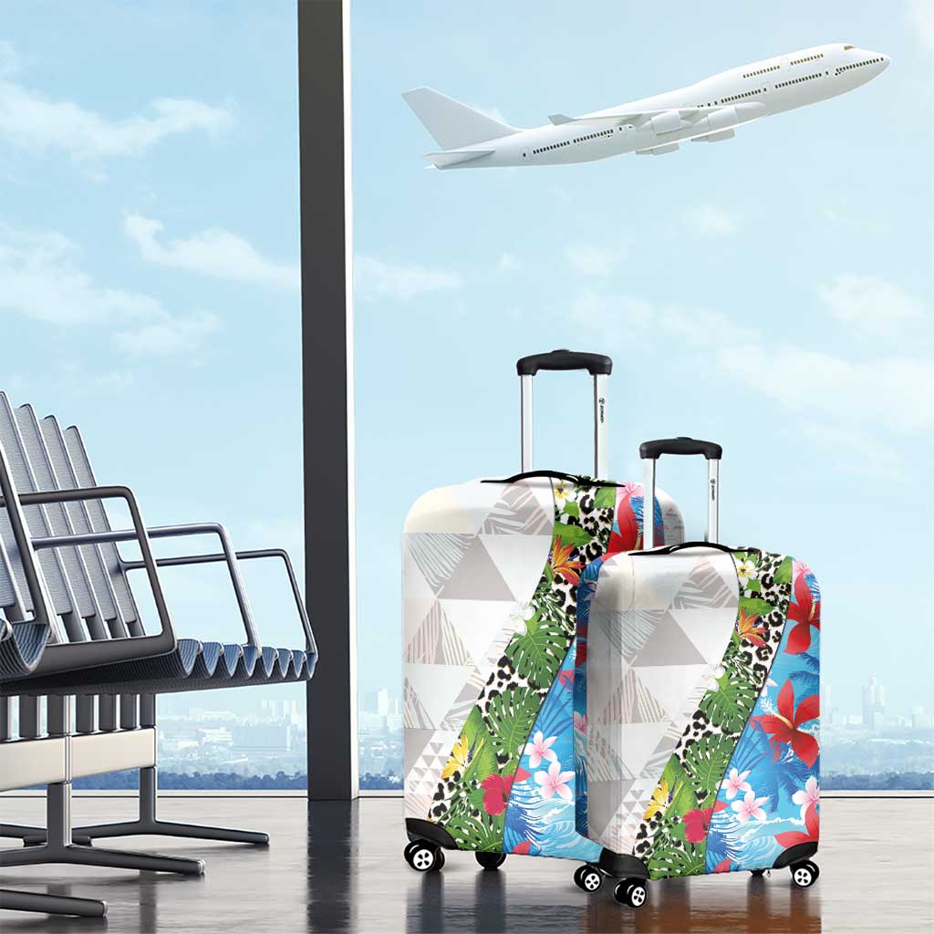 Hawaiian Tropical Flowers and Leaves Luggage Cover on Leopard Pattern Half Style White-Blue Version LT03 - Polynesian Pride