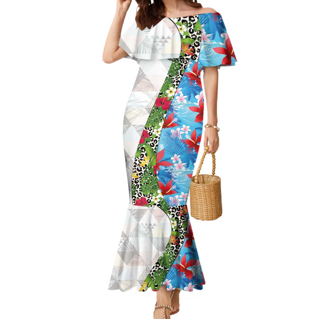 Hawaiian Tropical Flowers and Leaves Mermaid Dress on Leopard Pattern Half Style White-Blue Version LT03 Women White - Polynesian Pride