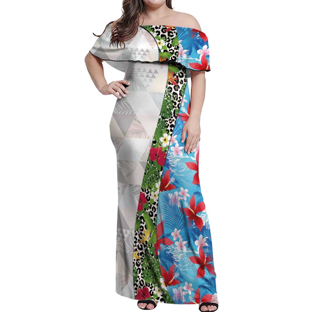 Hawaiian Tropical Flowers and Leaves Off Shoulder Maxi Dress on Leopard Pattern Half Style White-Blue Version LT03 Women White - Polynesian Pride