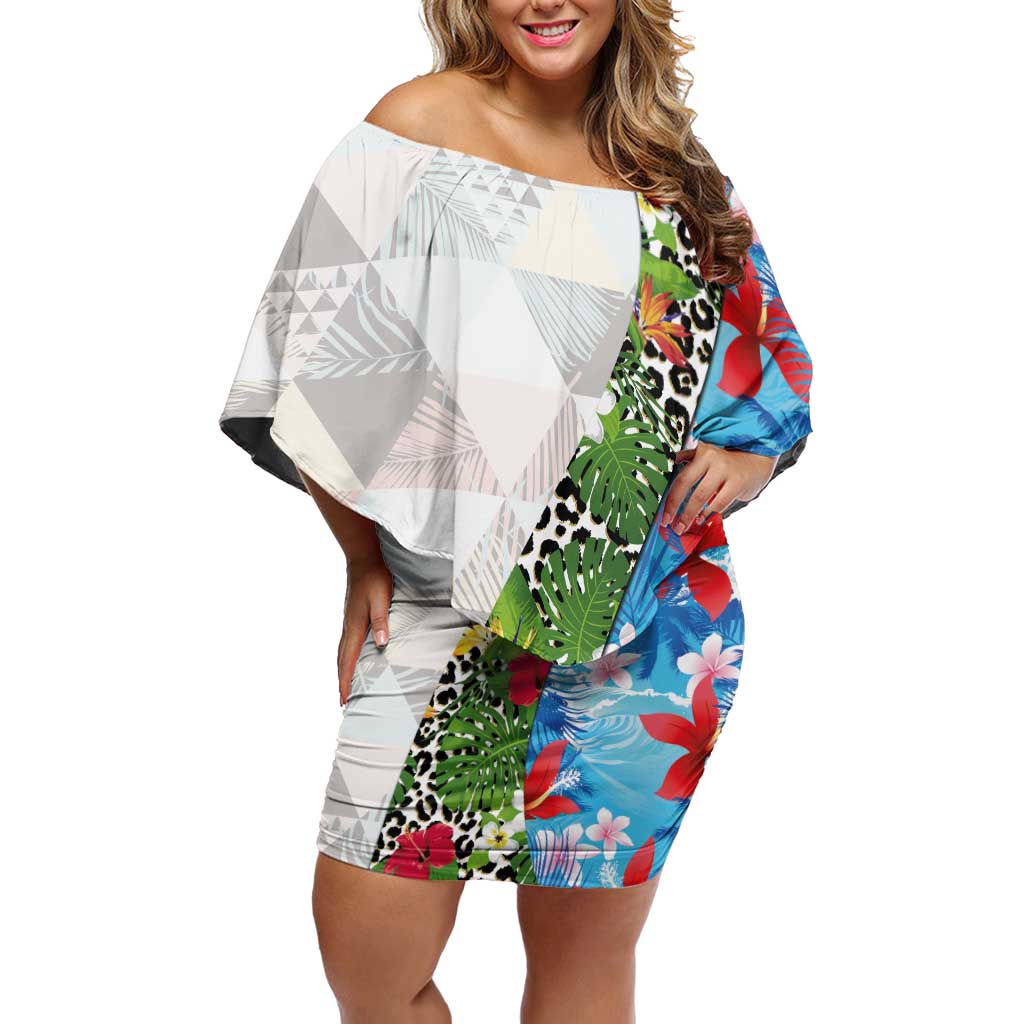 Hawaiian Tropical Flowers and Leaves Off Shoulder Short Dress on Leopard Pattern Half Style White-Blue Version LT03 Women White - Polynesian Pride
