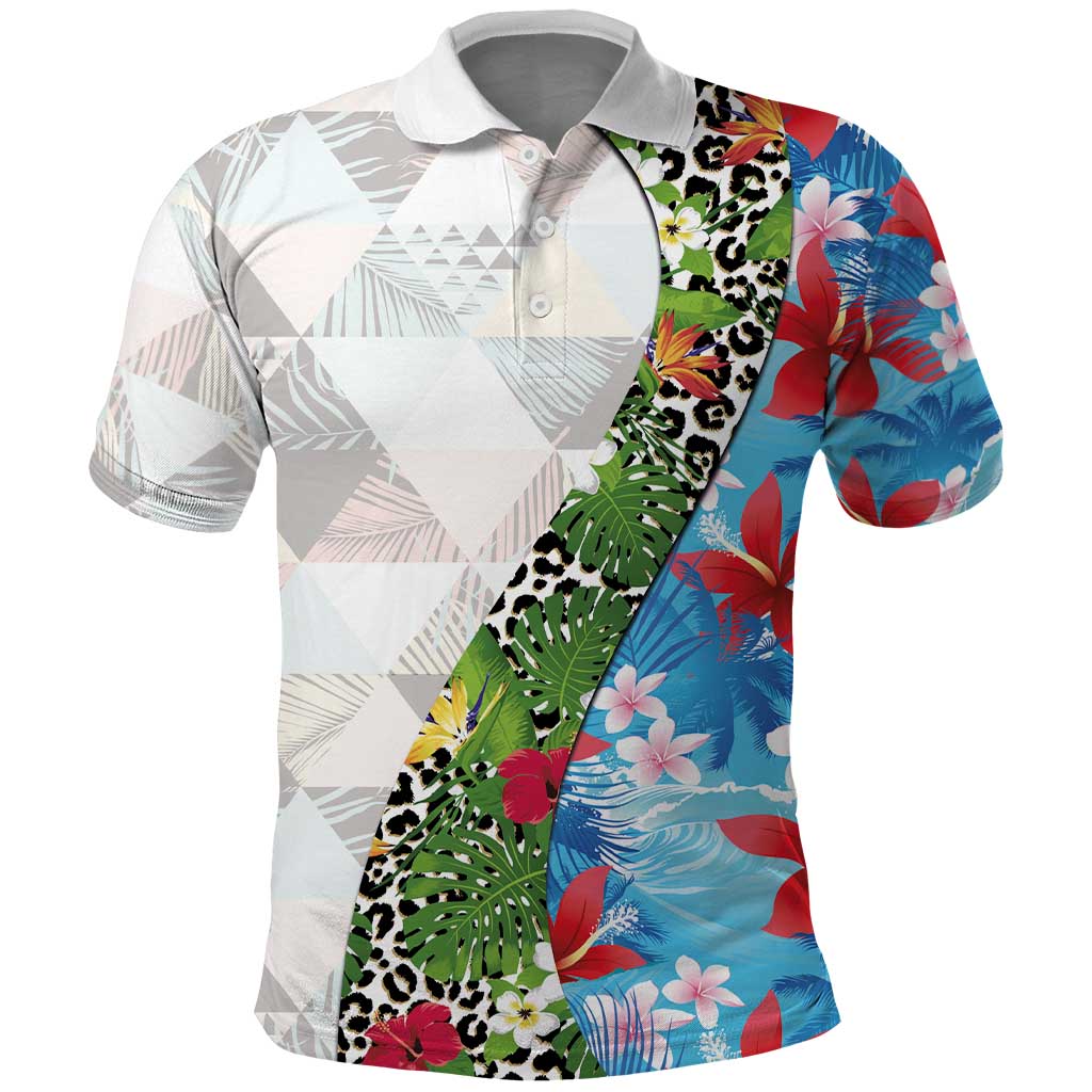 Hawaiian Tropical Flowers and Leaves Polo Shirt on Leopard Pattern Half Style White-Blue Version LT03 White - Polynesian Pride