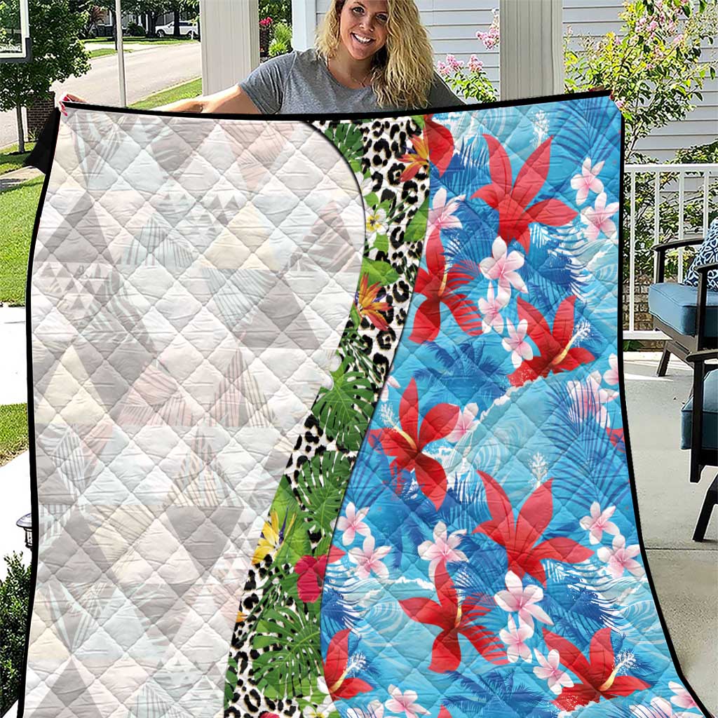 Hawaiian Tropical Flowers and Leaves Quilt on Leopard Pattern Half Style White-Blue Version LT03 White - Polynesian Pride