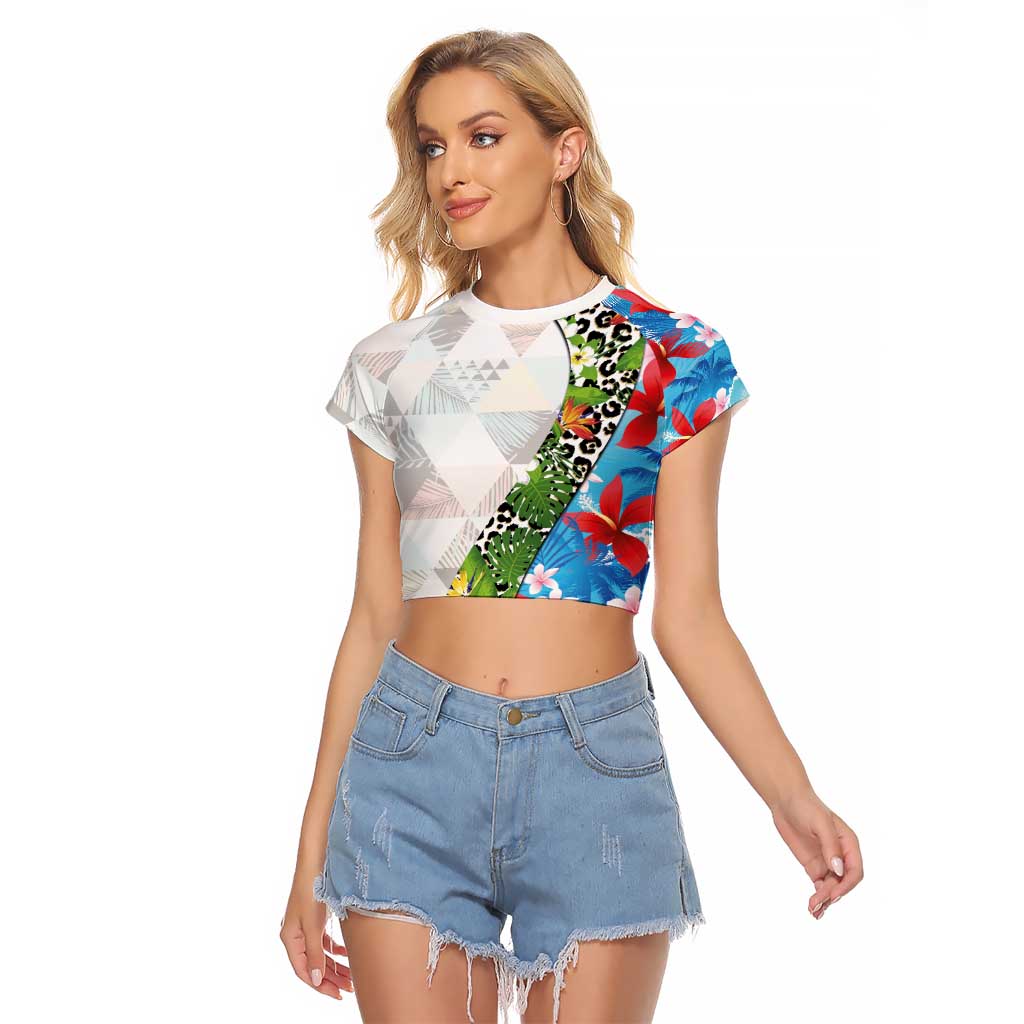 Hawaiian Tropical Flowers and Leaves Raglan Cropped T Shirt on Leopard Pattern Half Style White-Blue Version LT03 Female White - Polynesian Pride