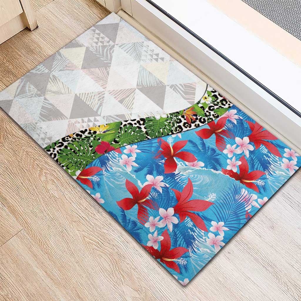 Hawaiian Tropical Flowers and Leaves Rubber Doormat on Leopard Pattern Half Style White-Blue Version LT03 - Polynesian Pride