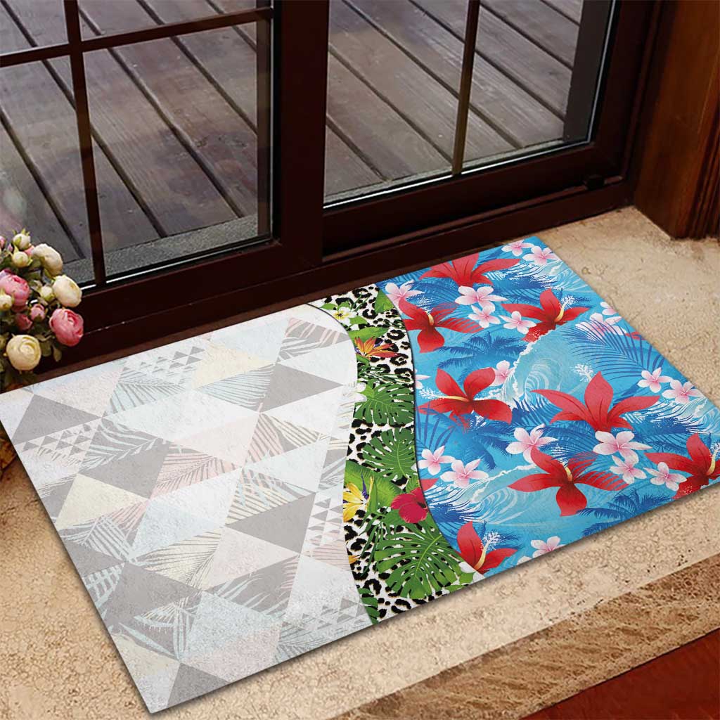 Hawaiian Tropical Flowers and Leaves Rubber Doormat on Leopard Pattern Half Style White-Blue Version LT03 - Polynesian Pride