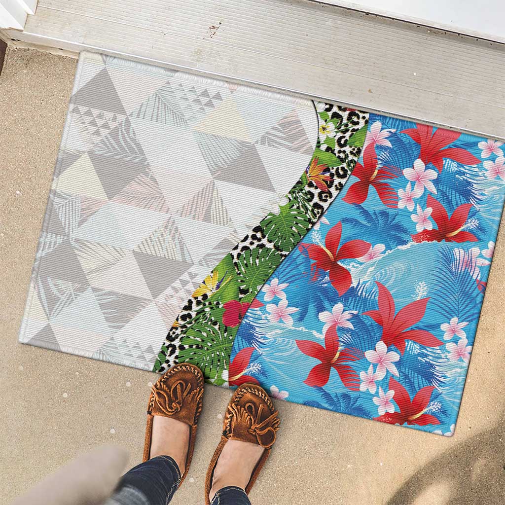 Hawaiian Tropical Flowers and Leaves Rubber Doormat on Leopard Pattern Half Style White-Blue Version LT03 - Polynesian Pride