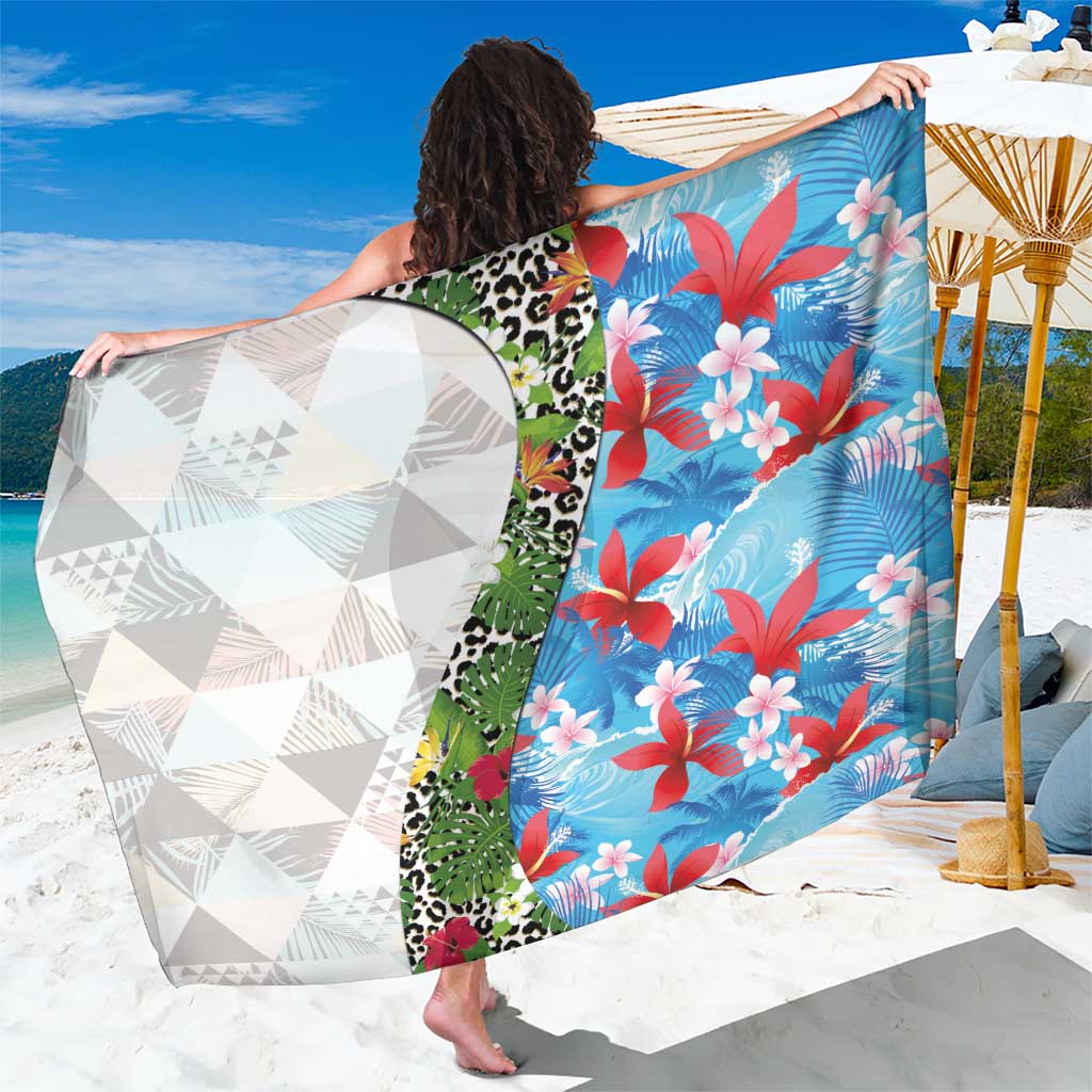 Hawaiian Tropical Flowers and Leaves Sarong on Leopard Pattern Half Style White-Blue Version LT03 One Size 44 x 66 inches White - Polynesian Pride