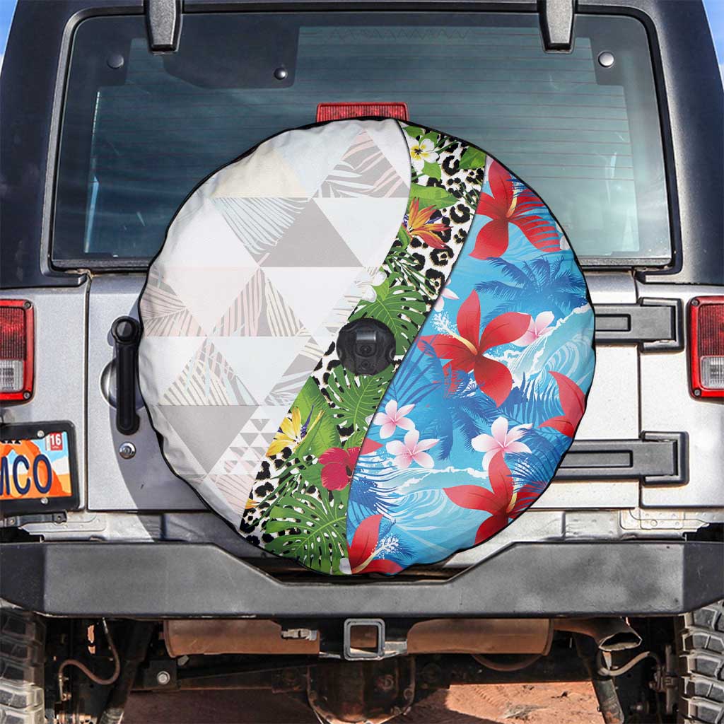 Hawaiian Tropical Flowers and Leaves Spare Tire Cover on Leopard Pattern Half Style White-Blue Version LT03 White - Polynesian Pride