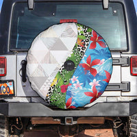 Hawaiian Tropical Flowers and Leaves Spare Tire Cover on Leopard Pattern Half Style White-Blue Version LT03 White - Polynesian Pride