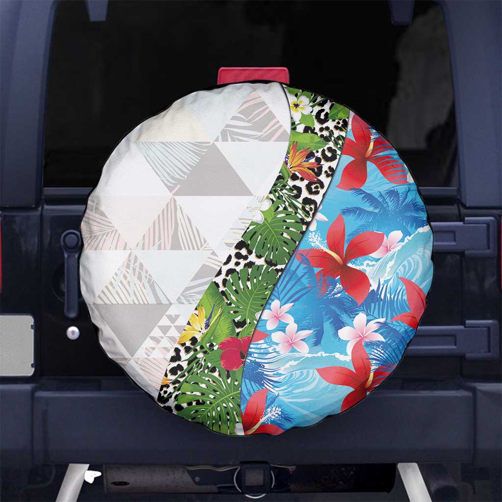 Hawaiian Tropical Flowers and Leaves Spare Tire Cover on Leopard Pattern Half Style White-Blue Version LT03 No hole White - Polynesian Pride