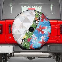 Hawaiian Tropical Flowers and Leaves Spare Tire Cover on Leopard Pattern Half Style White-Blue Version LT03 - Polynesian Pride