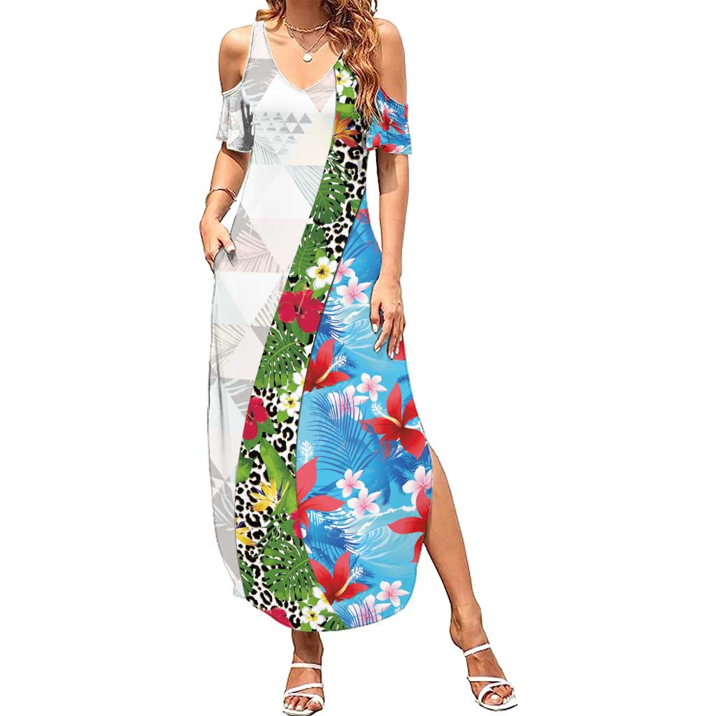Hawaiian Tropical Flowers and Leaves Summer Maxi Dress on Leopard Pattern Half Style White-Blue Version LT03 Women White - Polynesian Pride