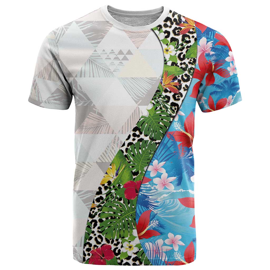 Hawaiian Tropical Flowers and Leaves T Shirt on Leopard Pattern Half Style White-Blue Version LT03 White - Polynesian Pride
