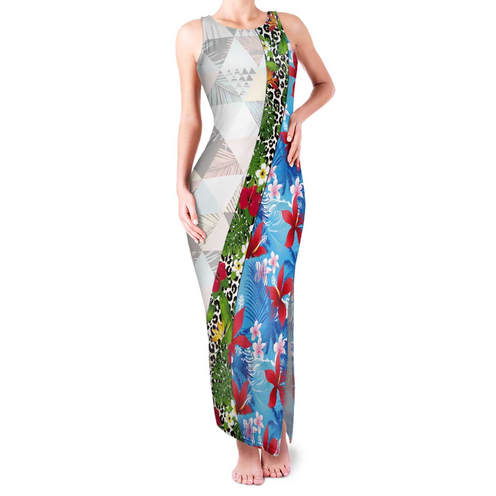 Hawaiian Tropical Flowers and Leaves Tank Maxi Dress on Leopard Pattern Half Style White-Blue Version LT03 Women White - Polynesian Pride