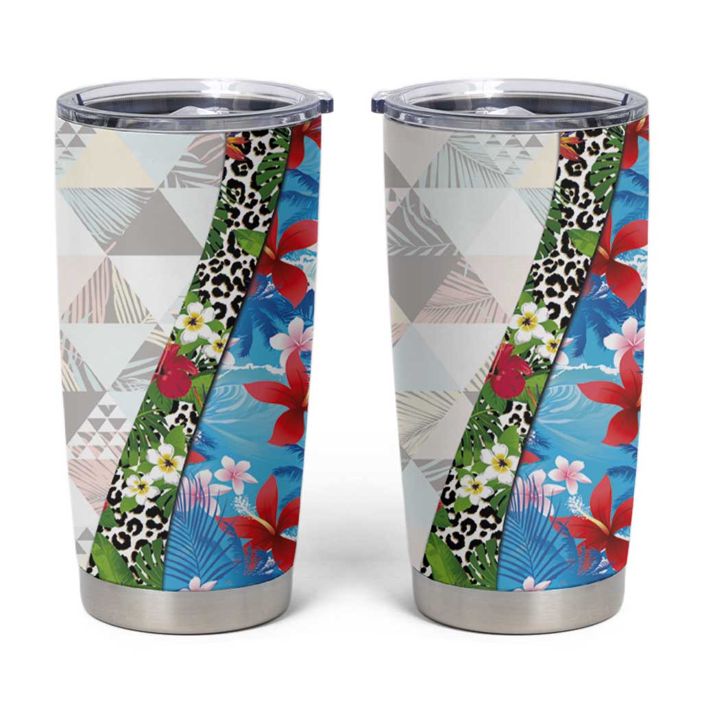 Hawaiian Tropical Flowers and Leaves Tumbler Cup on Leopard Pattern Half Style White-Blue Version LT03 White - Polynesian Pride