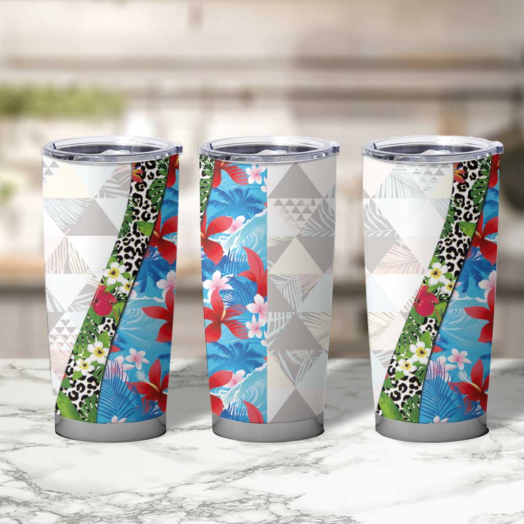 Hawaiian Tropical Flowers and Leaves Tumbler Cup on Leopard Pattern Half Style White-Blue Version LT03 - Polynesian Pride