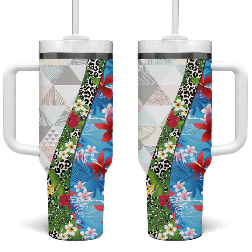 Hawaiian Tropical Flowers and Leaves Tumbler With Handle on Leopard Pattern Half Style White-Blue Version LT03 One Size: 40 oz White - Polynesian Pride