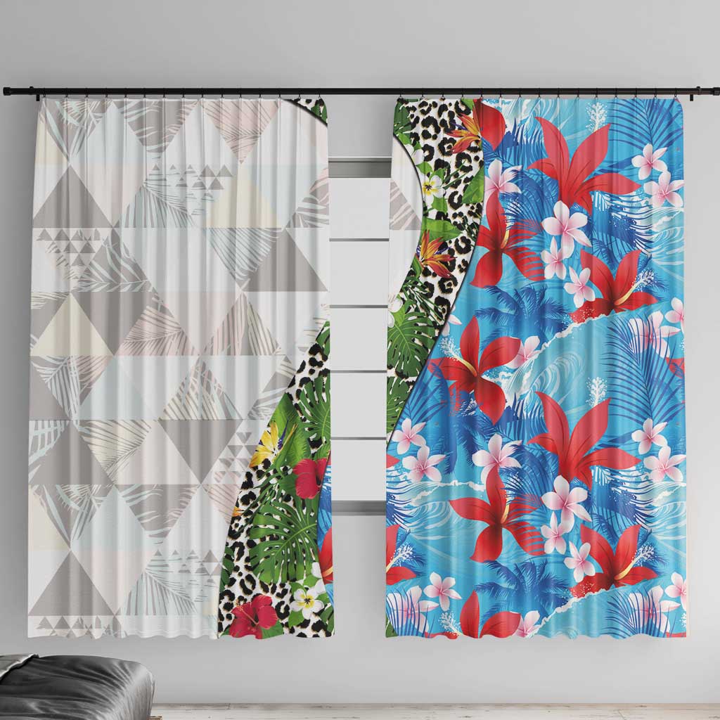 Hawaiian Tropical Flowers and Leaves Window Curtain on Leopard Pattern Half Style White-Blue Version LT03 With Hooks White - Polynesian Pride