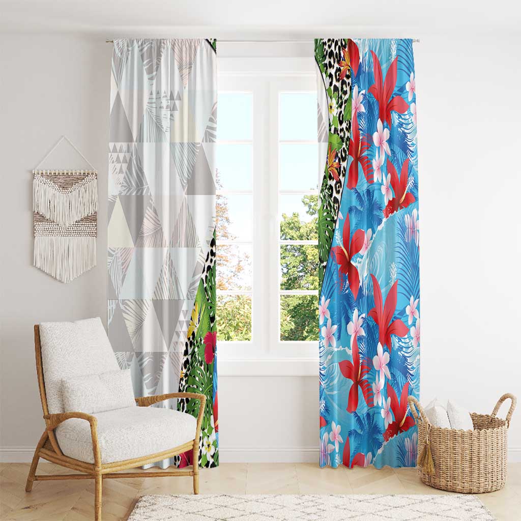 Hawaiian Tropical Flowers and Leaves Window Curtain on Leopard Pattern Half Style White-Blue Version LT03 - Polynesian Pride