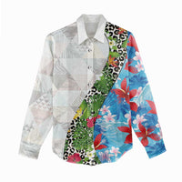 Hawaiian Tropical Flowers and Leaves Women Casual Shirt on Leopard Pattern Half Style White-Blue Version LT03 - Polynesian Pride