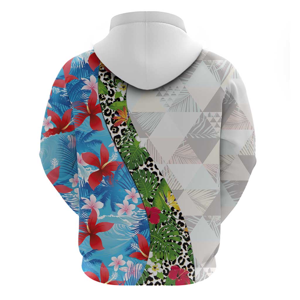 Hawaiian Tropical Flowers and Leaves Zip Hoodie on Leopard Pattern Half Style White-Blue Version LT03 - Polynesian Pride