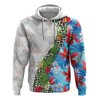 Hawaiian Tropical Flowers and Leaves Zip Hoodie on Leopard Pattern Half Style White-Blue Version LT03 Pullover Hoodie White - Polynesian Pride