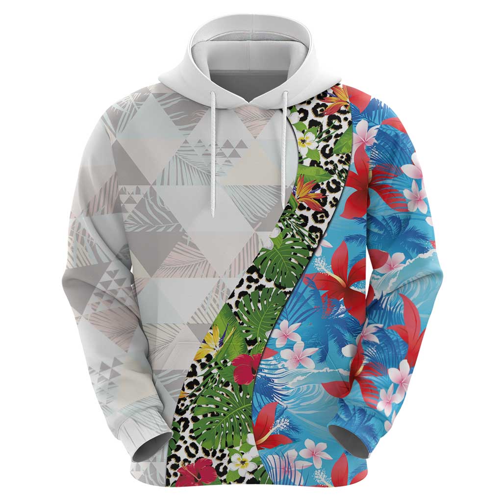 Hawaiian Tropical Flowers and Leaves Zip Hoodie on Leopard Pattern Half Style White-Blue Version LT03 - Polynesian Pride