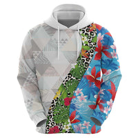 Hawaiian Tropical Flowers and Leaves Zip Hoodie on Leopard Pattern Half Style White-Blue Version LT03 - Polynesian Pride