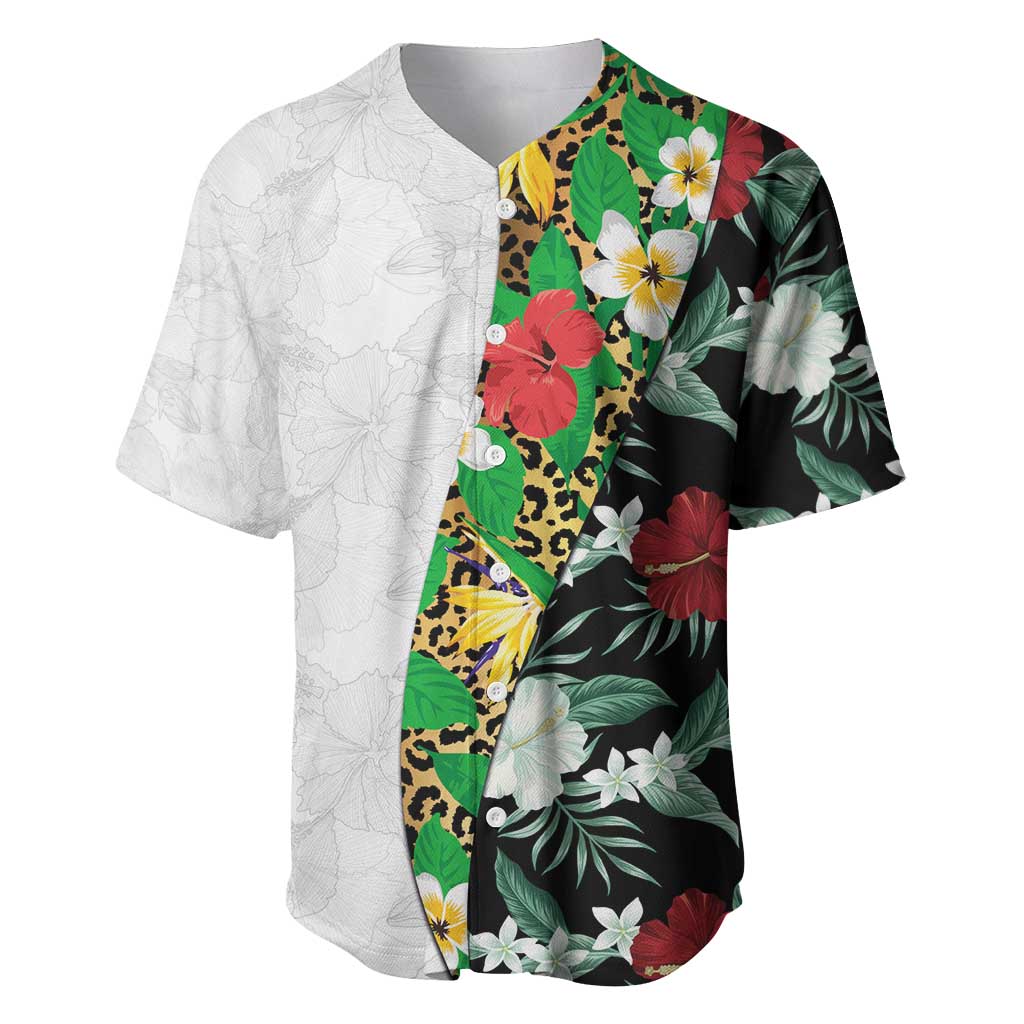 Hawaiian Tropical Flowers and Leaves Baseball Jersey on Leopard Pattern Half Style White-Black Version LT03 White - Polynesian Pride