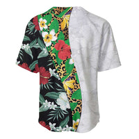 Hawaiian Tropical Flowers and Leaves Baseball Jersey on Leopard Pattern Half Style White-Black Version LT03 - Polynesian Pride