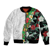 Hawaiian Tropical Flowers and Leaves Bomber Jacket on Leopard Pattern Half Style White-Black Version LT03 Unisex White - Polynesian Pride