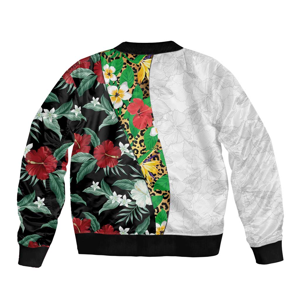 Hawaiian Tropical Flowers and Leaves Bomber Jacket on Leopard Pattern Half Style White-Black Version LT03 - Polynesian Pride