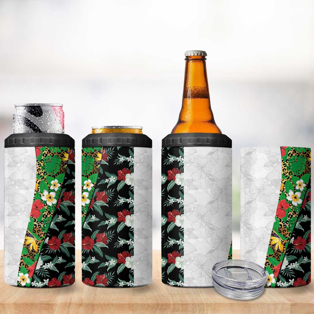 Hawaiian Tropical Flowers and Leaves 4 in 1 Can Cooler Tumbler on Leopard Pattern Half Style White-Black Version LT03 - Polynesian Pride