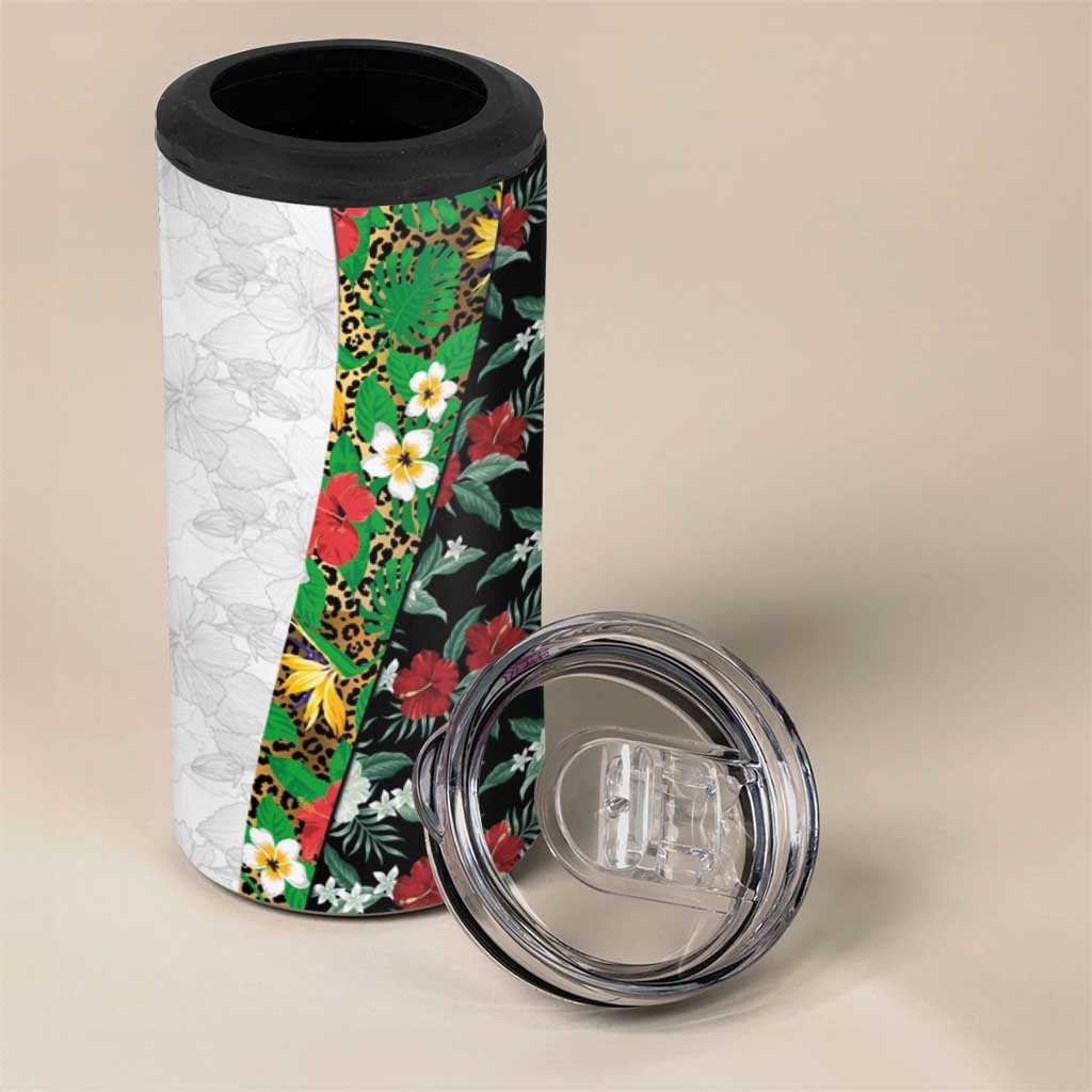 Hawaiian Tropical Flowers and Leaves 4 in 1 Can Cooler Tumbler on Leopard Pattern Half Style White-Black Version LT03 - Polynesian Pride