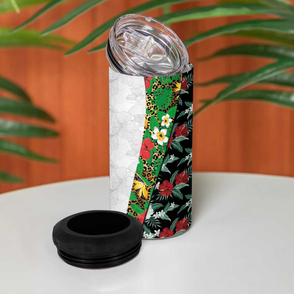 Hawaiian Tropical Flowers and Leaves 4 in 1 Can Cooler Tumbler on Leopard Pattern Half Style White-Black Version LT03 - Polynesian Pride