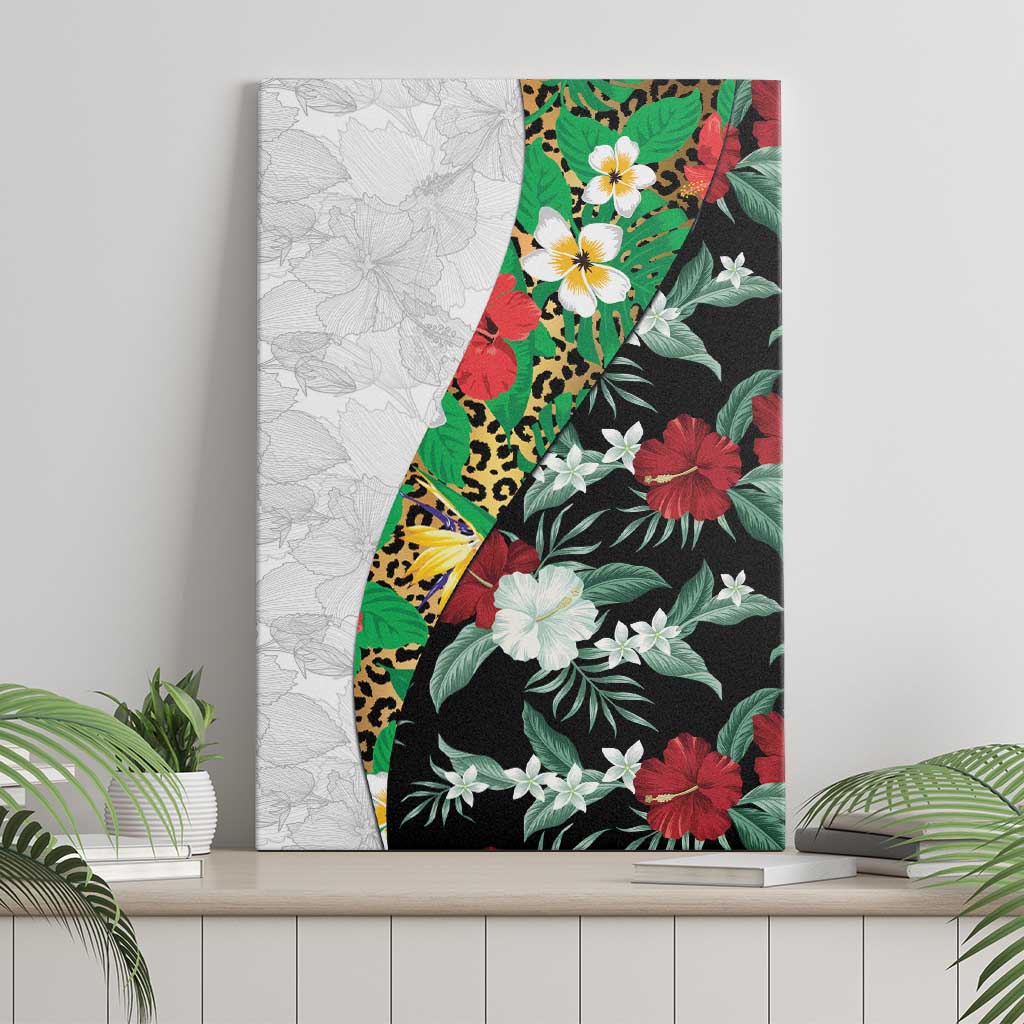 Hawaiian Tropical Flowers and Leaves Canvas Wall Art on Leopard Pattern Half Style White-Black Version LT03 - Polynesian Pride