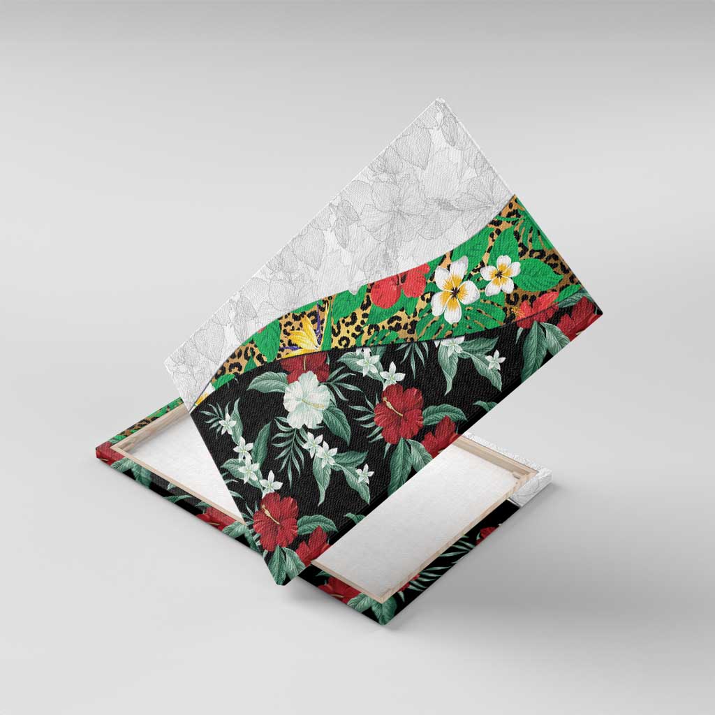 Hawaiian Tropical Flowers and Leaves Canvas Wall Art on Leopard Pattern Half Style White-Black Version LT03 With Frame White - Polynesian Pride