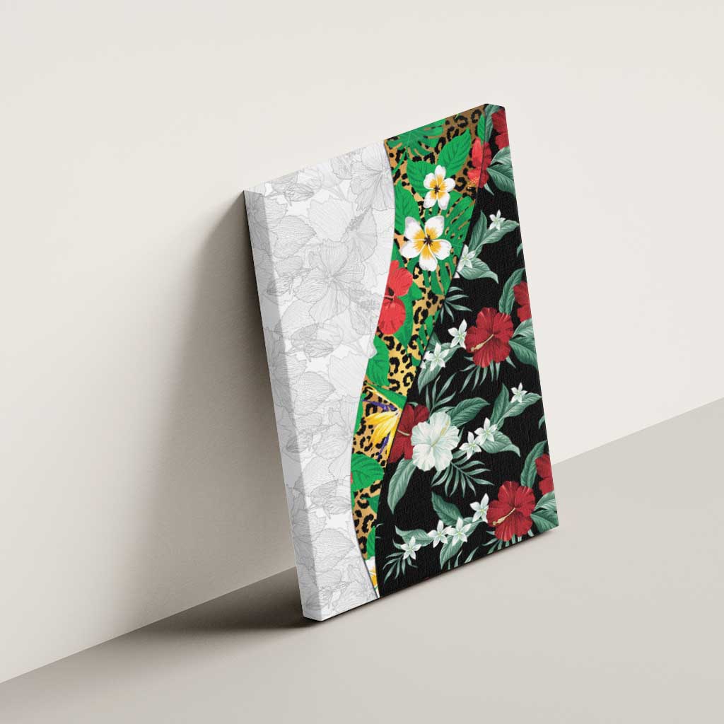 Hawaiian Tropical Flowers and Leaves Canvas Wall Art on Leopard Pattern Half Style White-Black Version LT03 - Polynesian Pride
