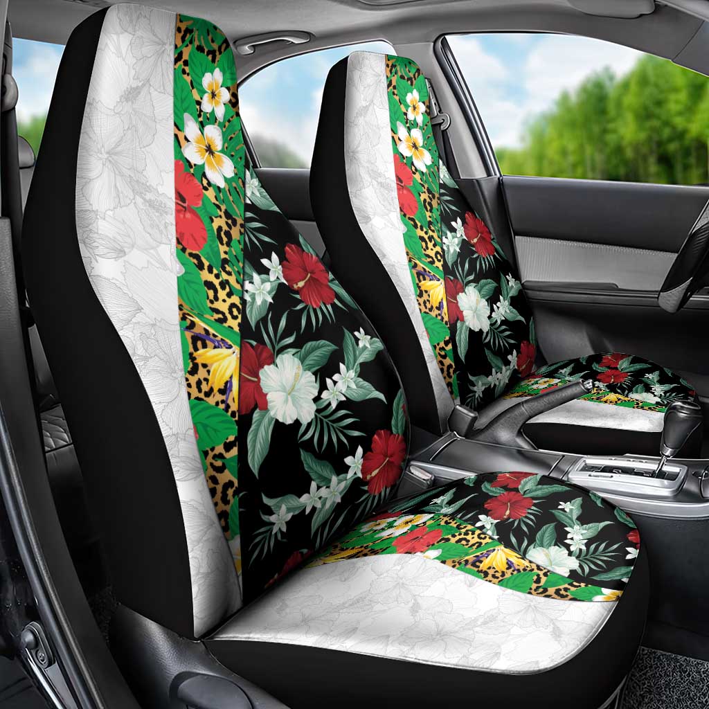 Hawaiian Tropical Flowers and Leaves Car Seat Cover on Leopard Pattern Half Style White-Black Version LT03 - Polynesian Pride