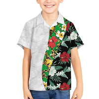 Hawaiian Tropical Flowers and Leaves Kid Hawaiian Shirt on Leopard Pattern Half Style White-Black Version LT03 Kid White - Polynesian Pride