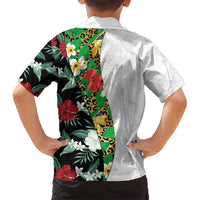 Hawaiian Tropical Flowers and Leaves Kid Hawaiian Shirt on Leopard Pattern Half Style White-Black Version LT03 - Polynesian Pride