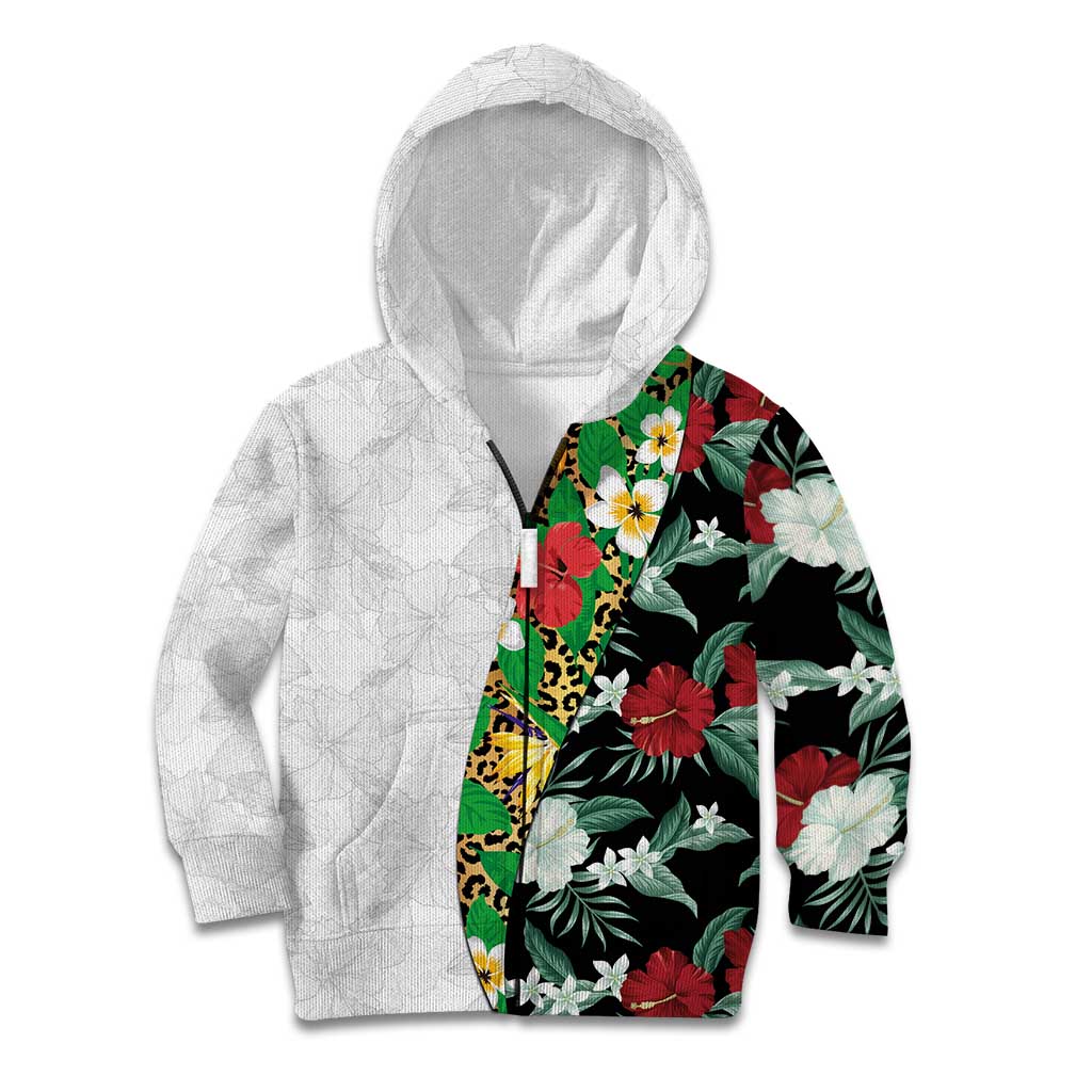 Hawaiian Tropical Flowers and Leaves Kid Hoodie on Leopard Pattern Half Style White-Black Version LT03 Zip Hoodie White - Polynesian Pride