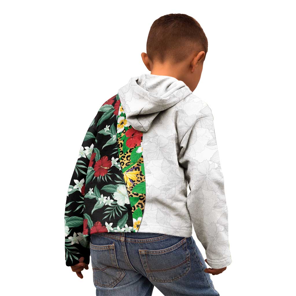 Hawaiian Tropical Flowers and Leaves Kid Hoodie on Leopard Pattern Half Style White-Black Version LT03 - Polynesian Pride
