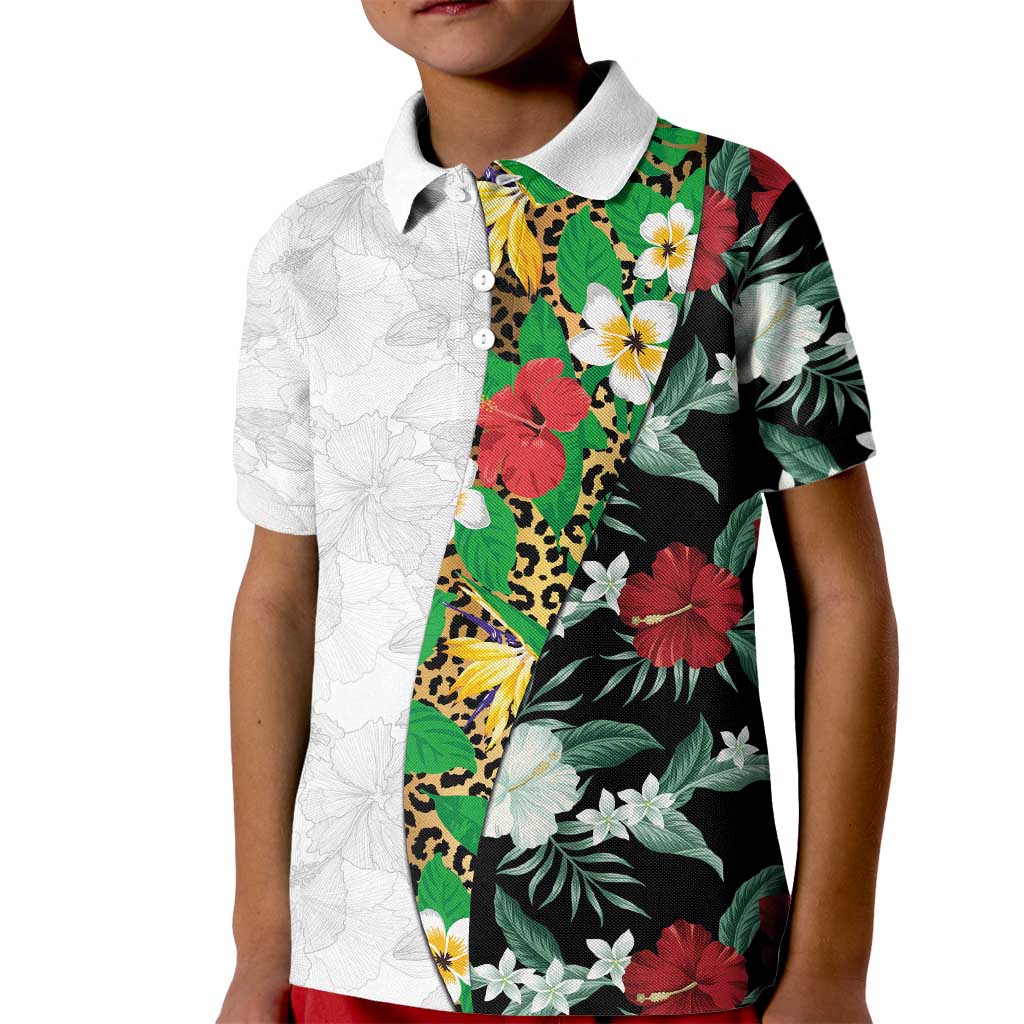 Hawaiian Tropical Flowers and Leaves Kid Polo Shirt on Leopard Pattern Half Style White-Black Version LT03 Kid White - Polynesian Pride