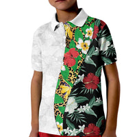 Hawaiian Tropical Flowers and Leaves Kid Polo Shirt on Leopard Pattern Half Style White-Black Version LT03 Kid White - Polynesian Pride