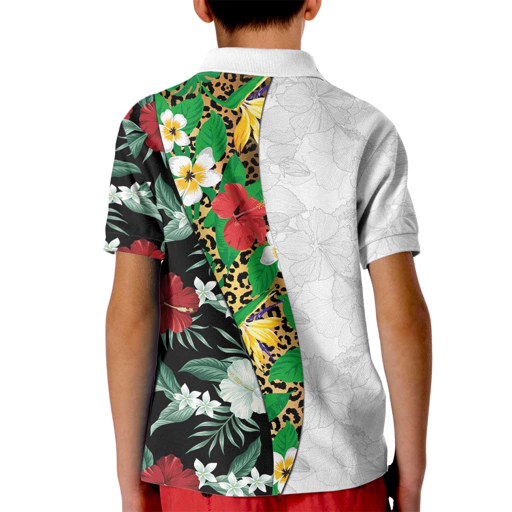 Hawaiian Tropical Flowers and Leaves Kid Polo Shirt on Leopard Pattern Half Style White-Black Version LT03 - Polynesian Pride