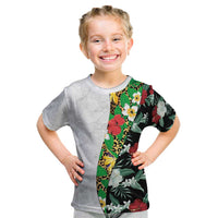 Hawaiian Tropical Flowers and Leaves Kid T Shirt on Leopard Pattern Half Style White-Black Version LT03 White - Polynesian Pride