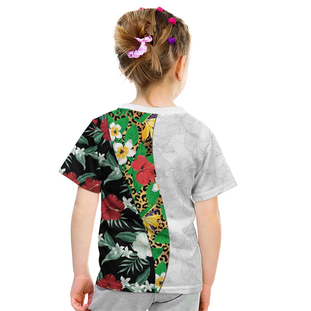 Hawaiian Tropical Flowers and Leaves Kid T Shirt on Leopard Pattern Half Style White-Black Version LT03 - Polynesian Pride