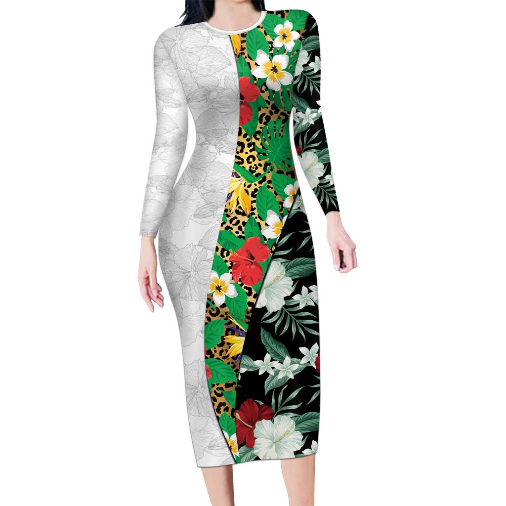 Hawaiian Tropical Flowers and Leaves Long Sleeve Bodycon Dress on Leopard Pattern Half Style White-Black Version LT03 Long Dress White - Polynesian Pride